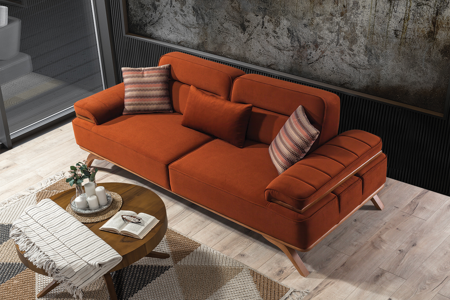 ANDORRA Sofa Set Taupe-Terracotta Stoff und Holz-Natur Füssen